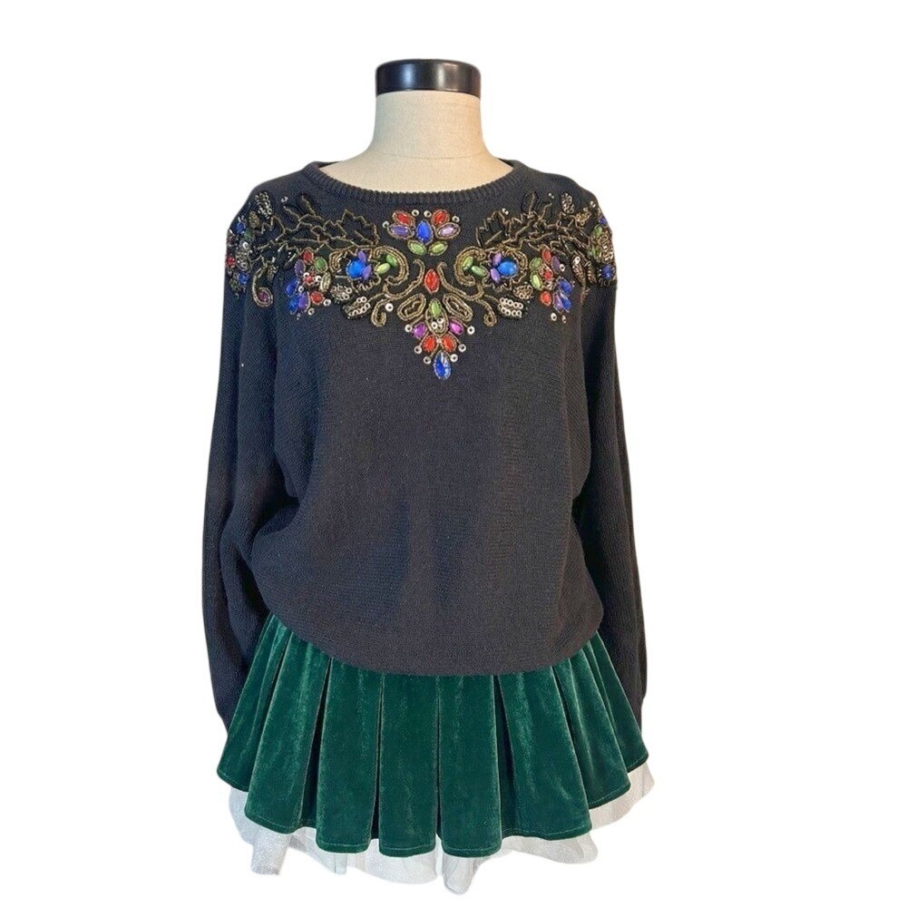 Vintage Black Beaded Sequin Jewel ART DECO Sweater MEDIUM Holiday Winter